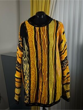 COOGI Vintage-Inspired Yellow & Black Striped Crewneck Sweater